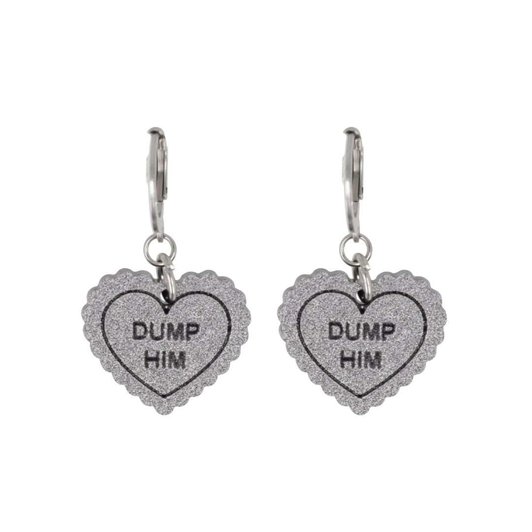 "Dump Him" Loveheart Huggie Hoop Earrings - Silver