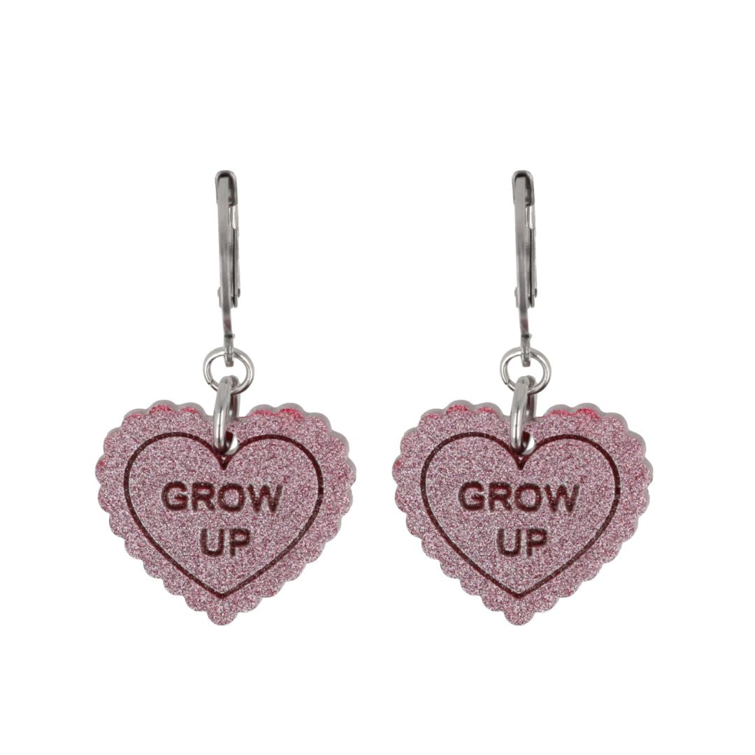 "Grow Up" Loveheart Huggie Hoop Earrings - Pink