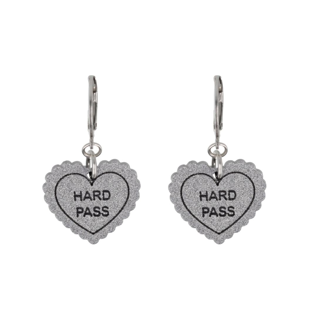 "Hard Pass" Loveheart Huggie Hoop Earrings - Silver