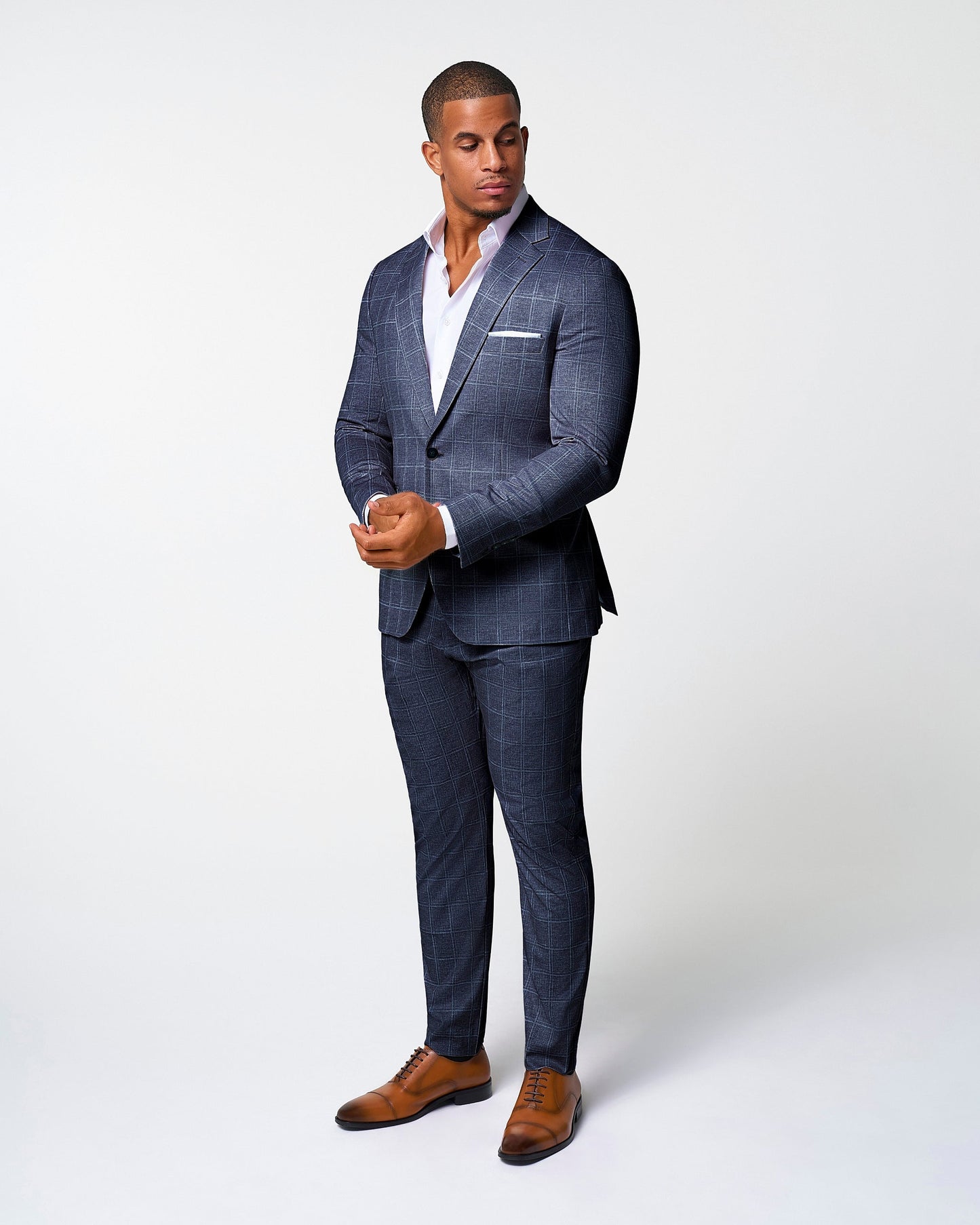 Athletic Fit Stretch Blazer - Textured Navy with White Windowpane