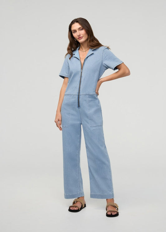 Performance Denim Short Sleeve Jumpsuit - Desert Blue