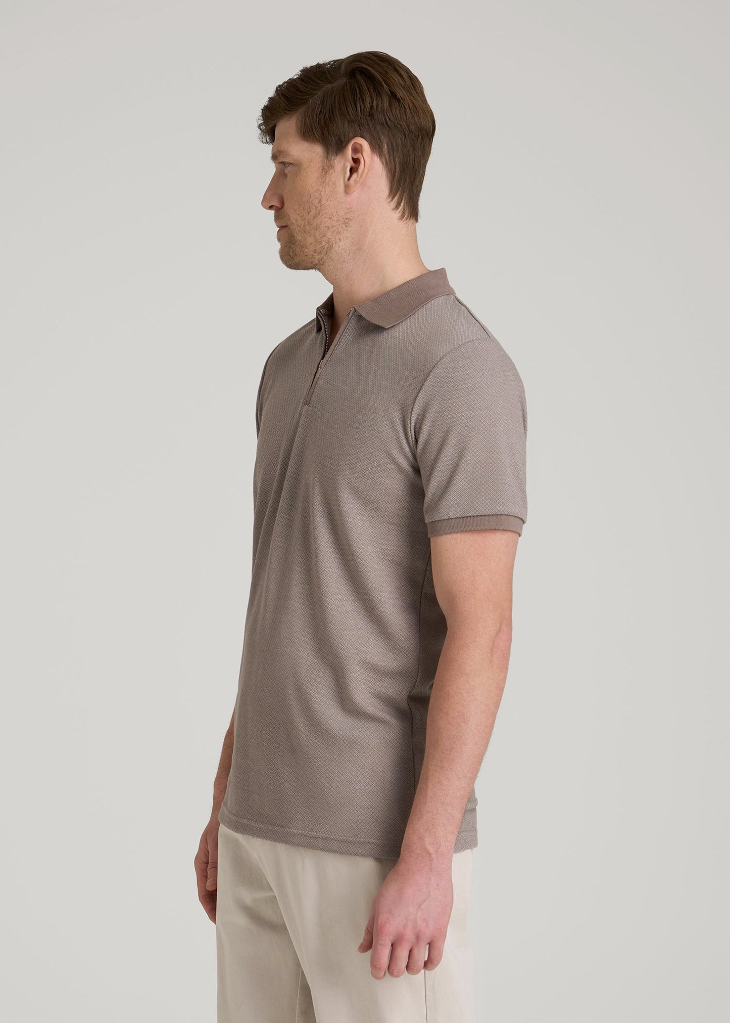 Embossed Geo Zip Collar Polo Shirt for Tall Men in Portobello