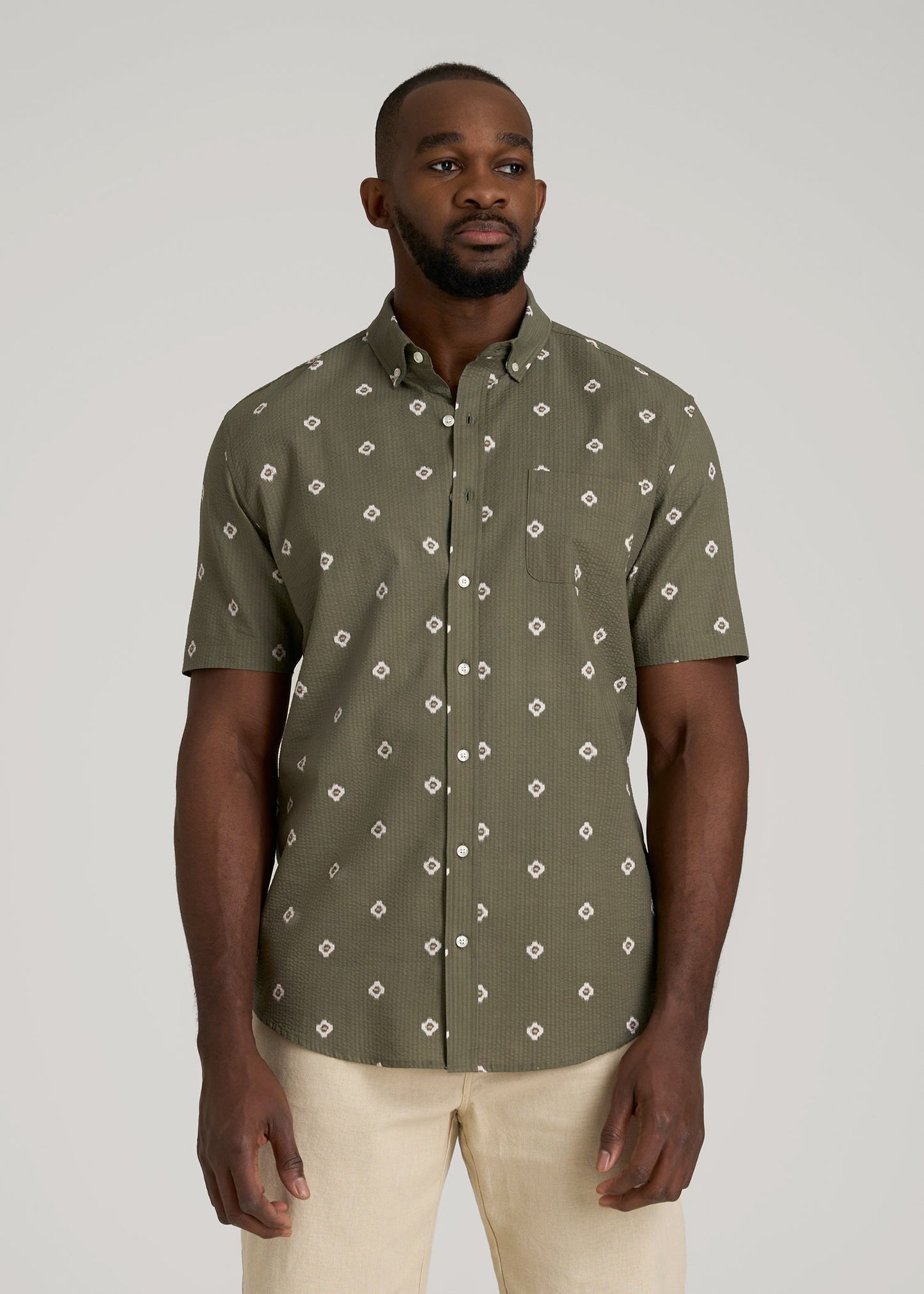 Seersucker Short Sleeve Shirt for Tall Men in Olive and Beige Floral