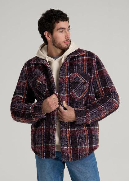 Sherpa Shirt Jacket for Tall Men in Burgundy and Navy Plaid