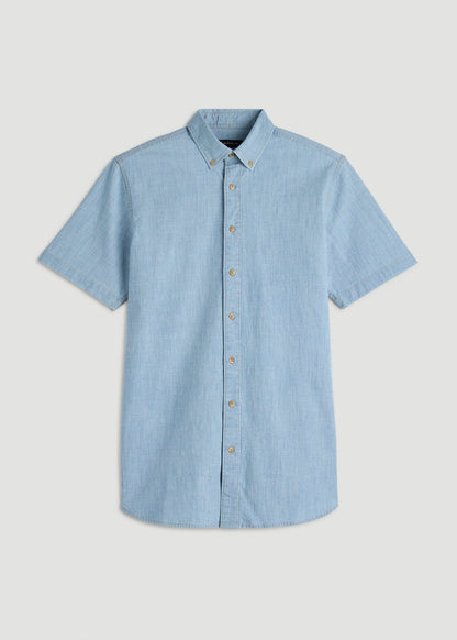 Short Sleeve Chambray Shirt for Tall Men in Light Blue Chambray