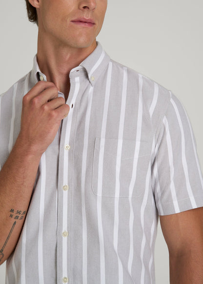 Short Sleeve Oxford Button Shirt For Tall Men in Bold Grey Stripe