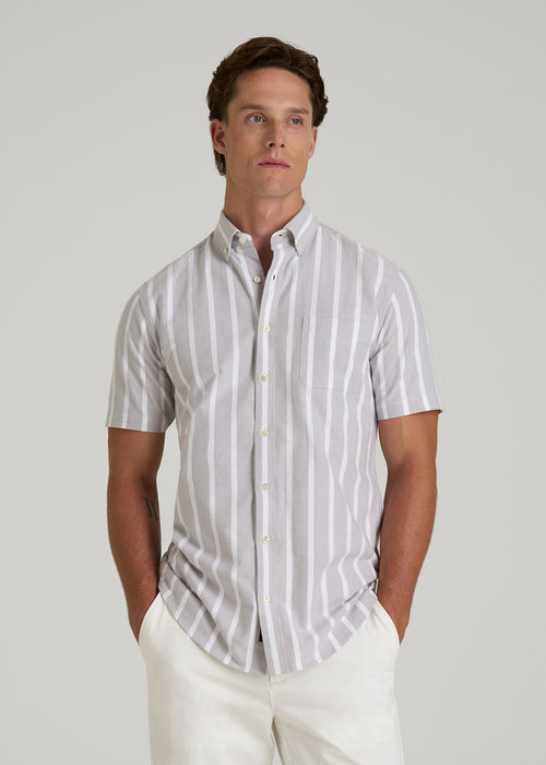 Short Sleeve Oxford Button Shirt For Tall Men in Bold Grey Stripe