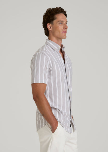 Short Sleeve Oxford Button Shirt For Tall Men in Bold Grey Stripe