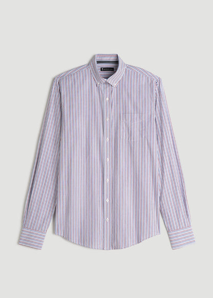 Soft-Wash Button-Up Shirt for Tall Men in Red and Blue Multi Stripe