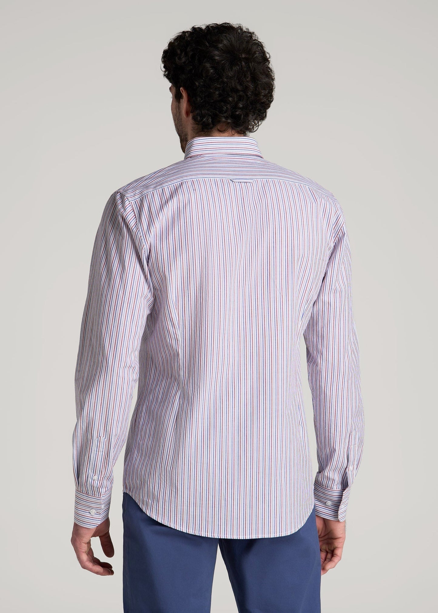 Soft-Wash Button-Up Shirt for Tall Men in Red and Blue Multi Stripe