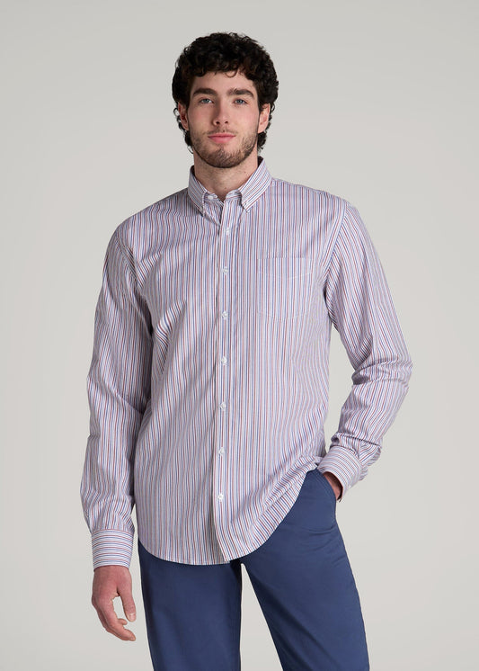 Soft-Wash Button-Up Shirt for Tall Men in Red and Blue Multi Stripe