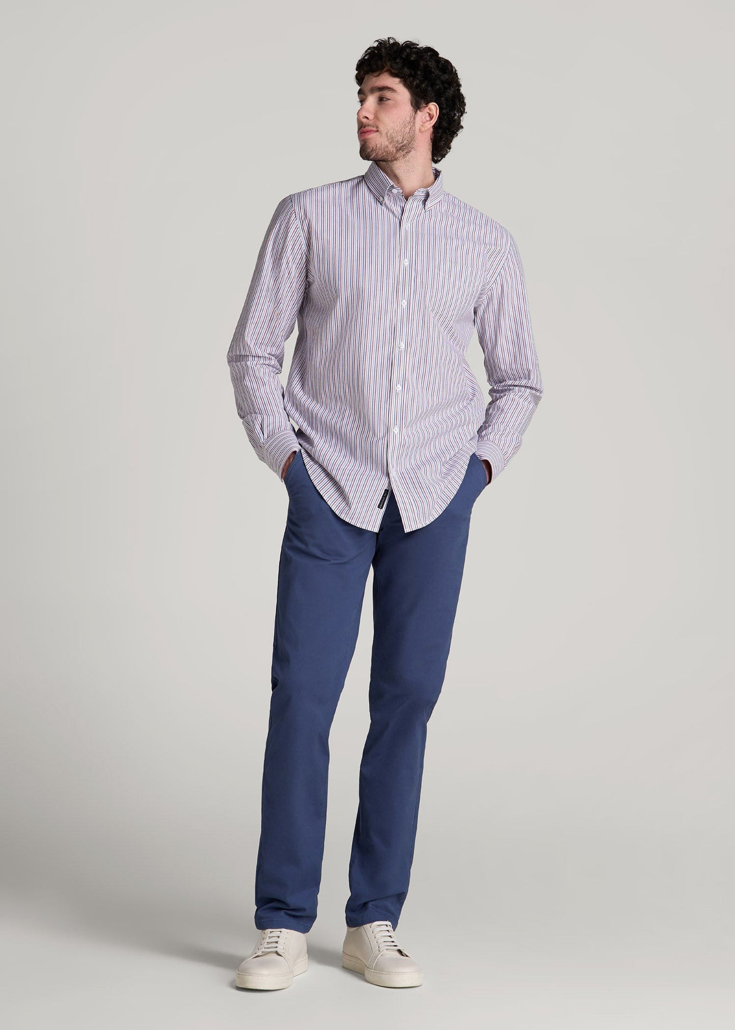 Soft-Wash Button-Up Shirt for Tall Men in Red and Blue Multi Stripe