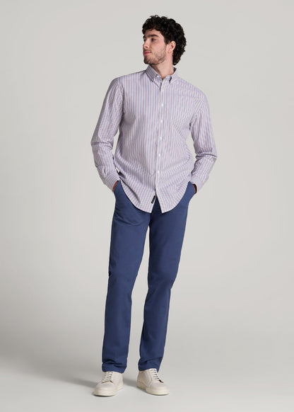 Soft-Wash Button-Up Shirt for Tall Men in Red and Blue Multi Stripe
