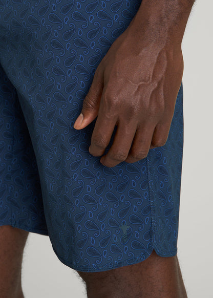 Stretch Board Shorts for Tall Men in Navy Blue Paisley