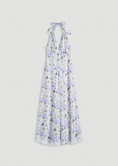 Chiffon Maxi Halter Garden Dress for Tall Women in Grey and Lilac Floral