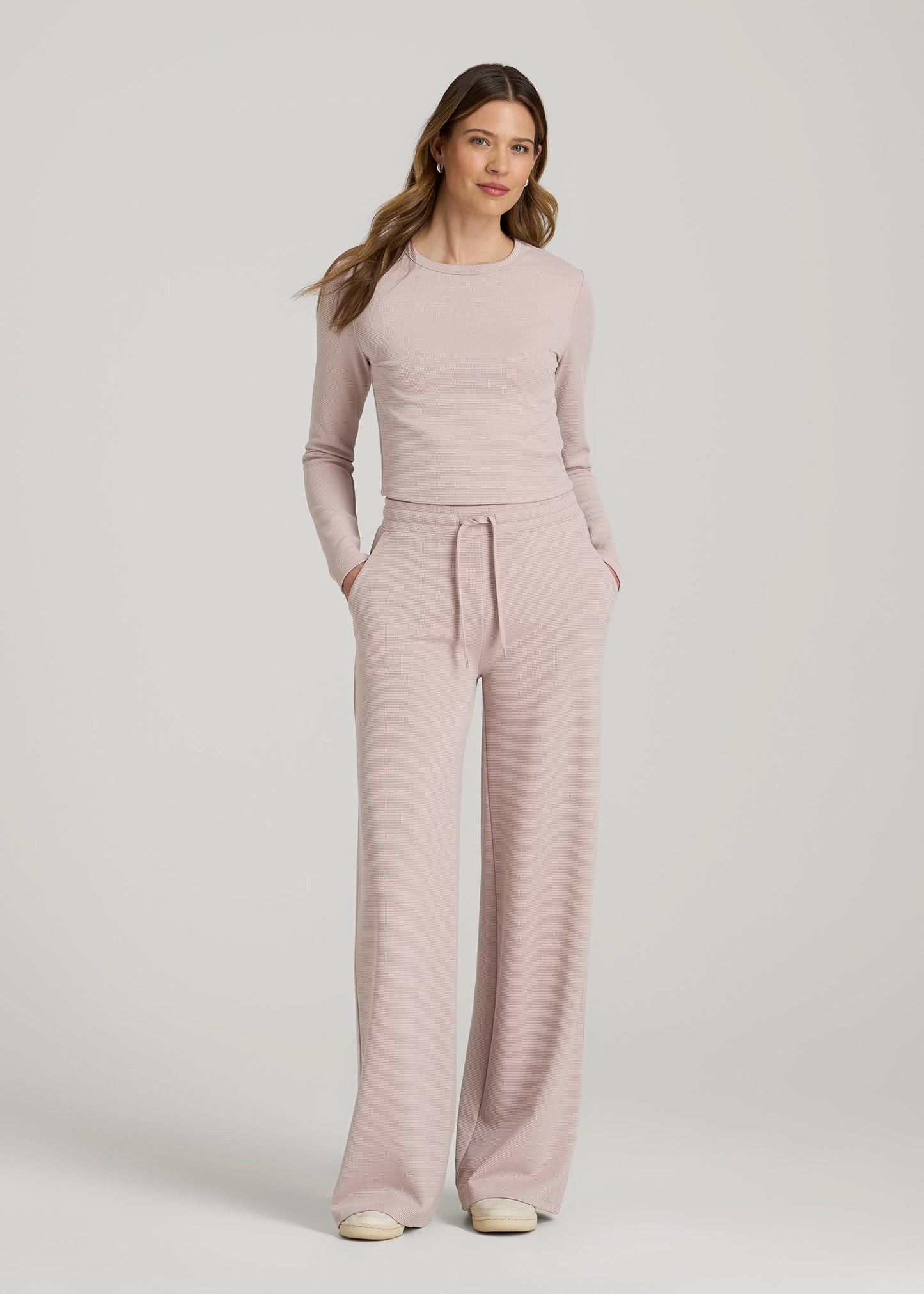 Cropped Long Sleeve Waffle Shirt for Tall Women in Desert Rose