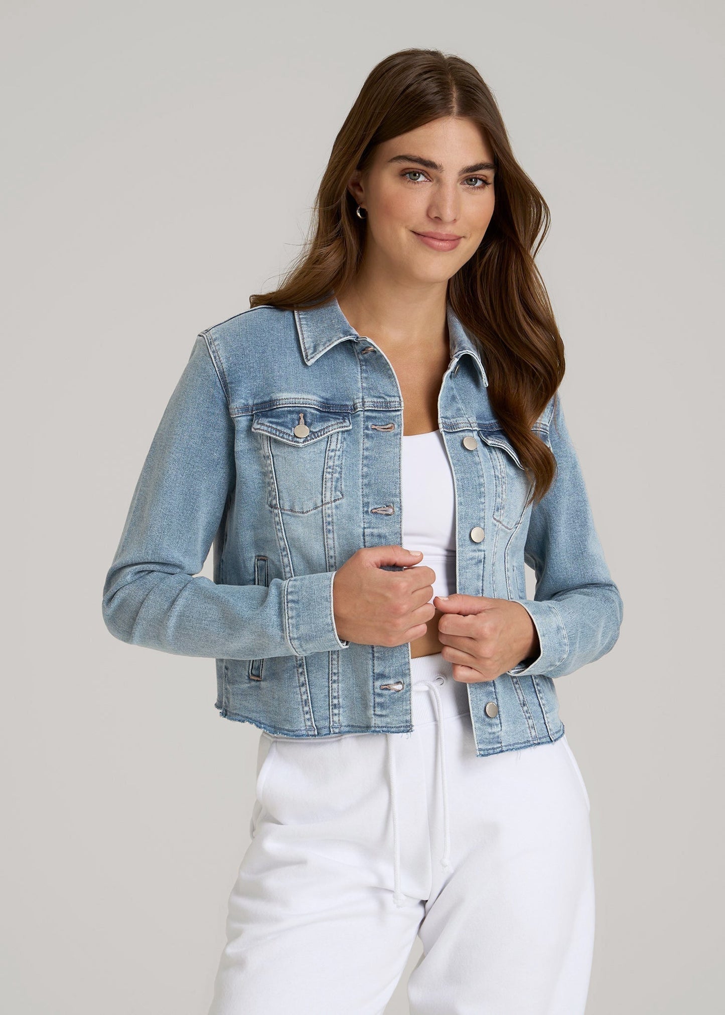 Cropped Stretch Denim Jacket for Tall Women in Perfect Blue