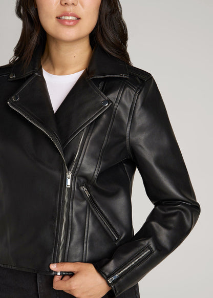 Cropped True Touch Leather Moto Jacket for Tall Women in Black