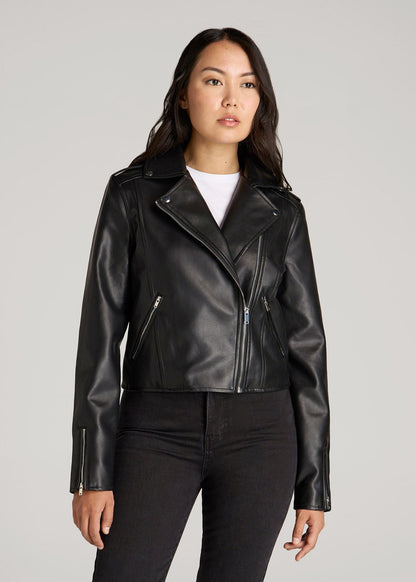 Cropped True Touch Leather Moto Jacket for Tall Women in Black