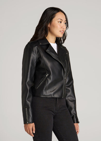 Cropped True Touch Leather Moto Jacket for Tall Women in Black