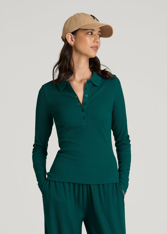 Ribbed Knit Long Sleeve Polo for Tall Women in Deep Teal
