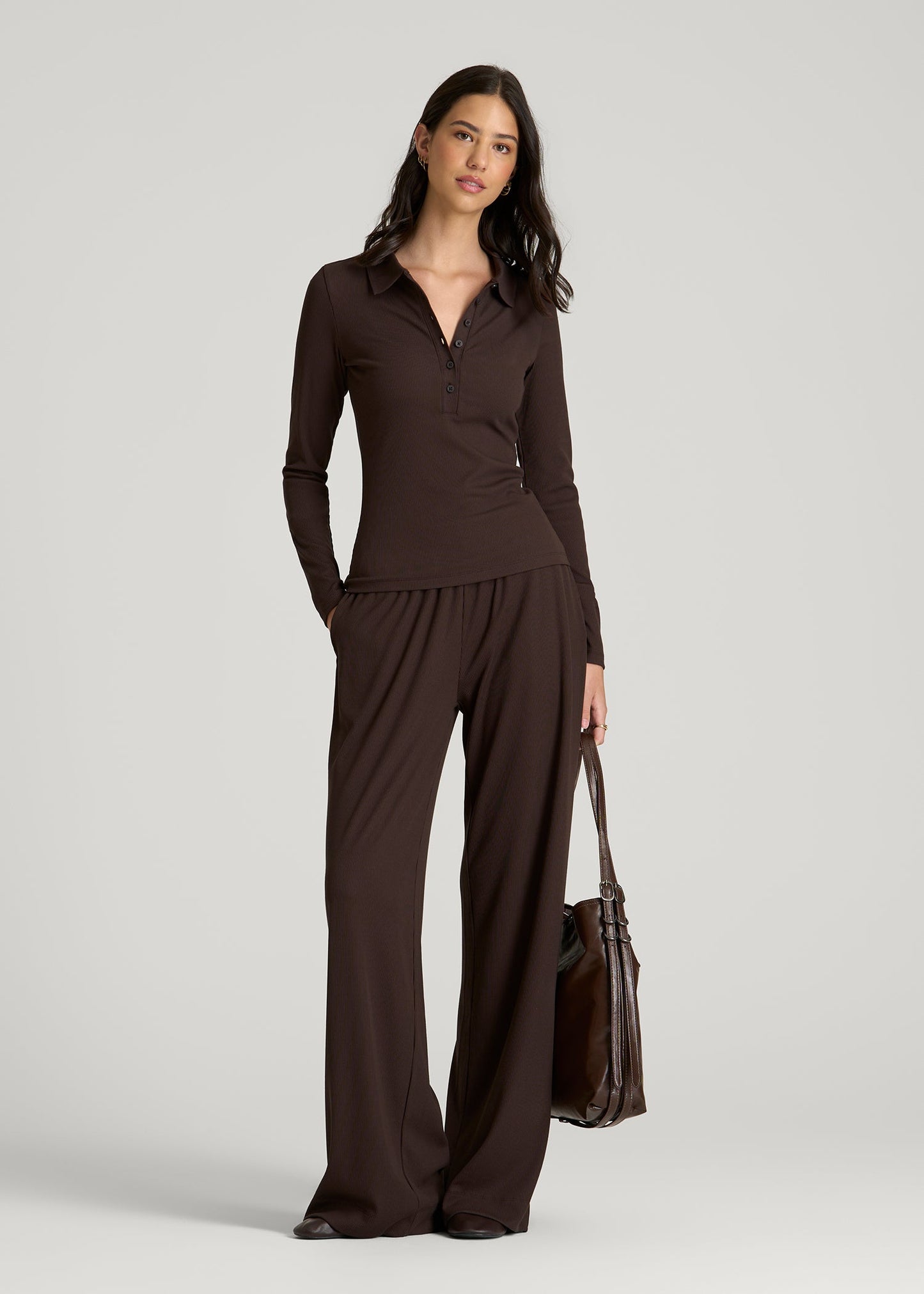 Ribbed Knit Long Sleeve Polo for Tall Women in Espresso