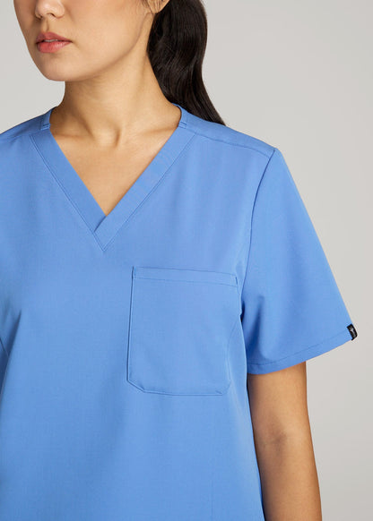 Short Sleeve V-Neck Scrub Top for Tall Women in Deep Sky Blue