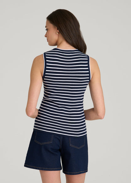 Sleeveless Knit Top for Tall Women in Bold Navy Stripe