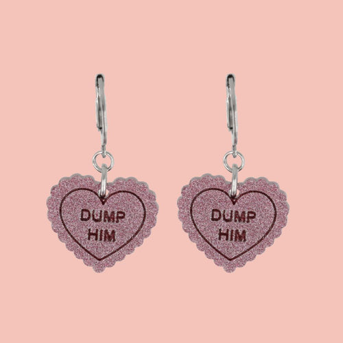 "Dump Him" Loveheart Huggie Hoop Earrings - Pink