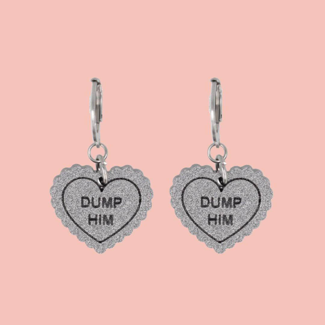 "Dump Him" Loveheart Huggie Hoop Earrings - Silver