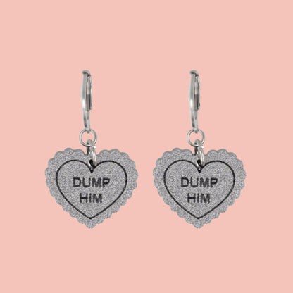 "Dump Him" Loveheart Huggie Hoop Earrings - Silver