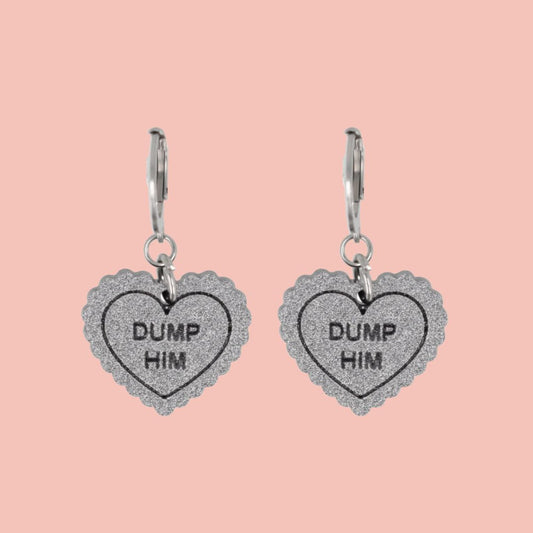 "Dump Him" Loveheart Huggie Hoop Earrings - Silver