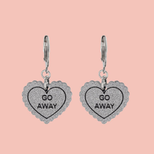 "Go Away" Loveheart Huggie Hoop Earrings - Silver
