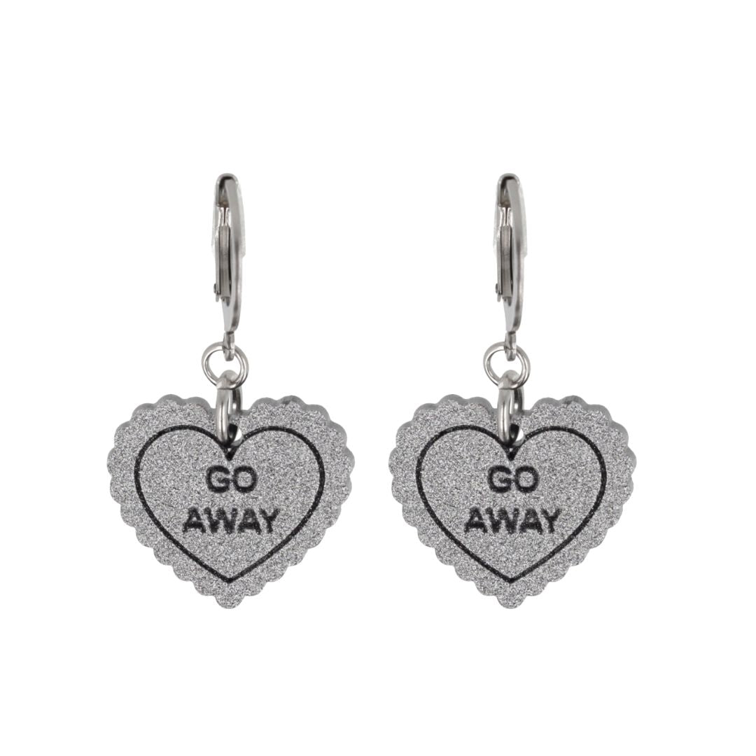 "Go Away" Loveheart Huggie Hoop Earrings - Silver
