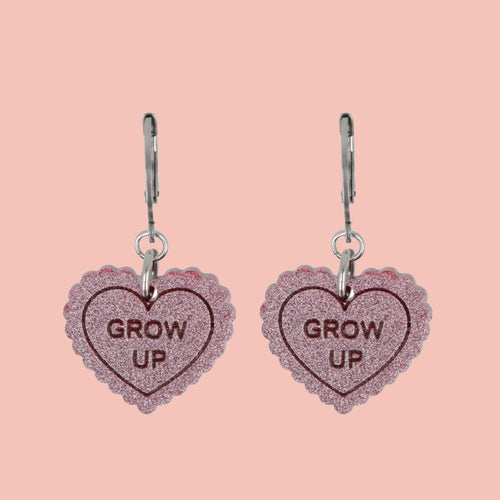"Grow Up" Loveheart Huggie Hoop Earrings - Pink