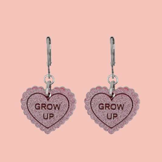 "Grow Up" Loveheart Huggie Hoop Earrings - Pink