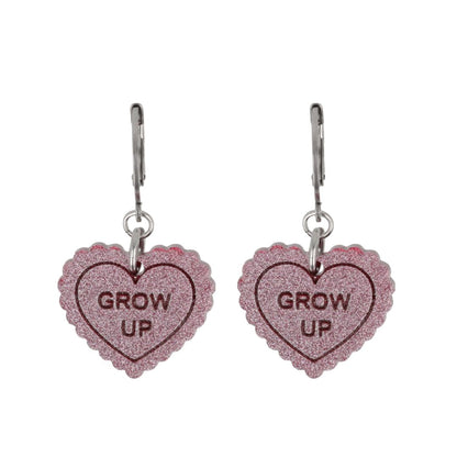 "Grow Up" Loveheart Huggie Hoop Earrings - Pink