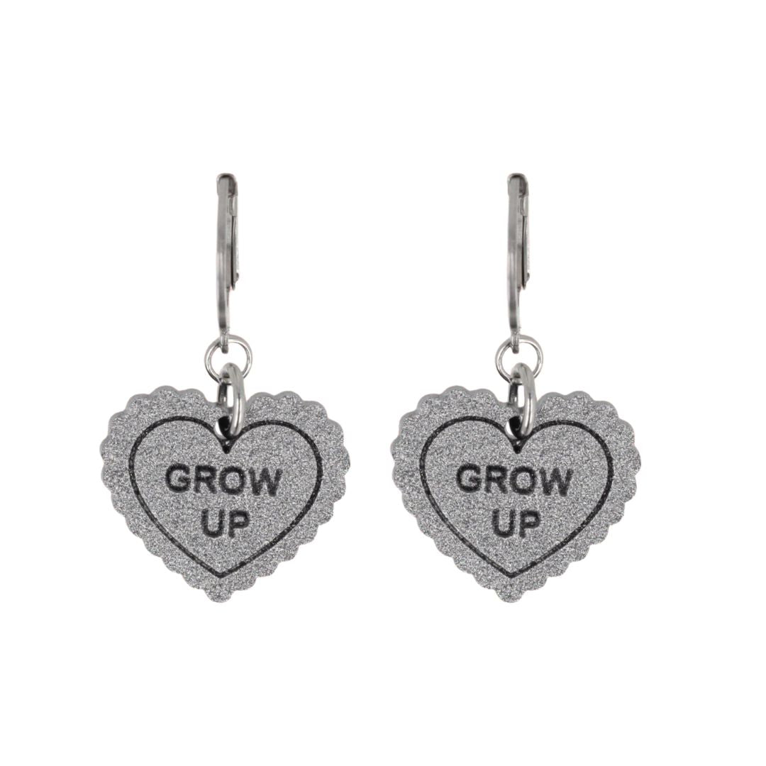 "Grow Up" Loveheart Huggie Hoop Earrings - Silver