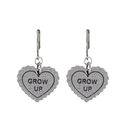 "Grow Up" Loveheart Huggie Hoop Earrings - Silver
