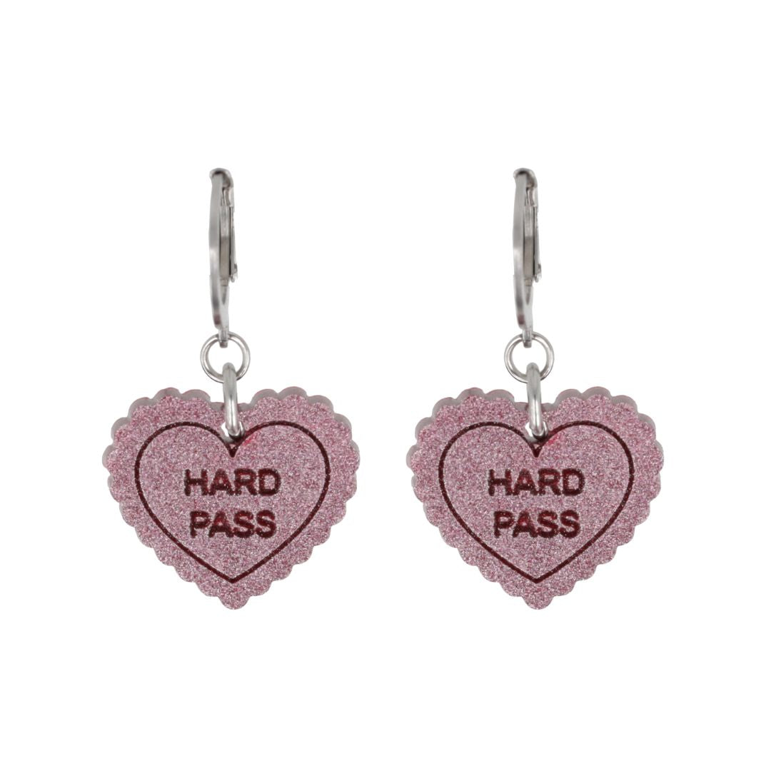 "Hard Pass" Loveheart Huggie Hoop Earrings - Pink