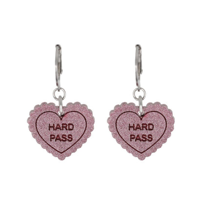"Hard Pass" Loveheart Huggie Hoop Earrings - Pink