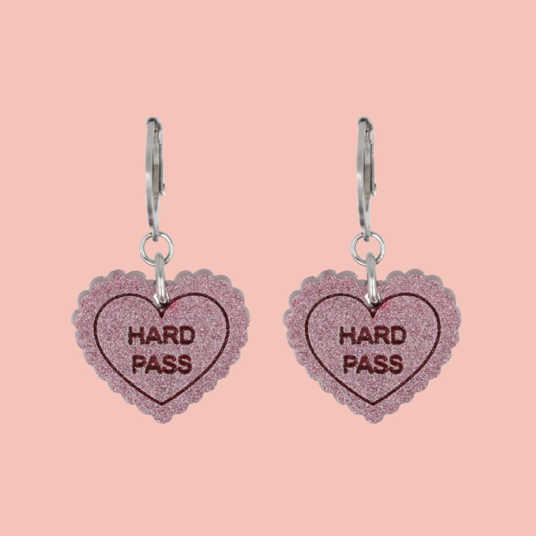 "Hard Pass" Loveheart Huggie Hoop Earrings - Pink