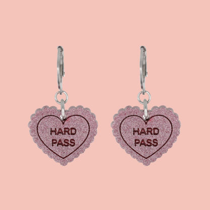 "Hard Pass" Loveheart Huggie Hoop Earrings - Pink