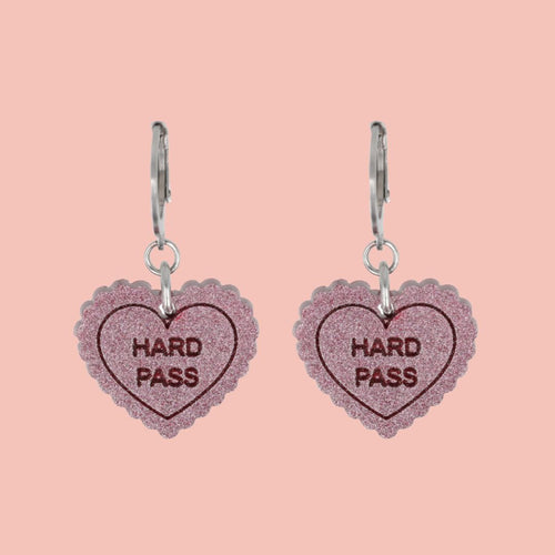 "Hard Pass" Loveheart Huggie Hoop Earrings - Pink