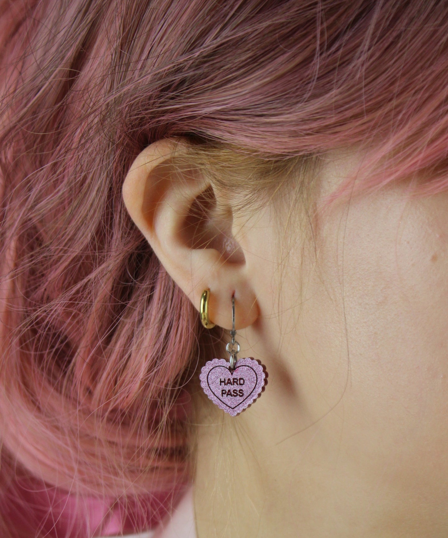 "Hard Pass" Loveheart Huggie Hoop Earrings - Pink