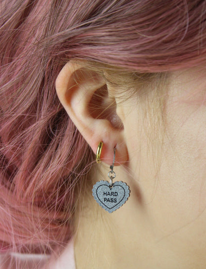 "Hard Pass" Loveheart Huggie Hoop Earrings - Silver