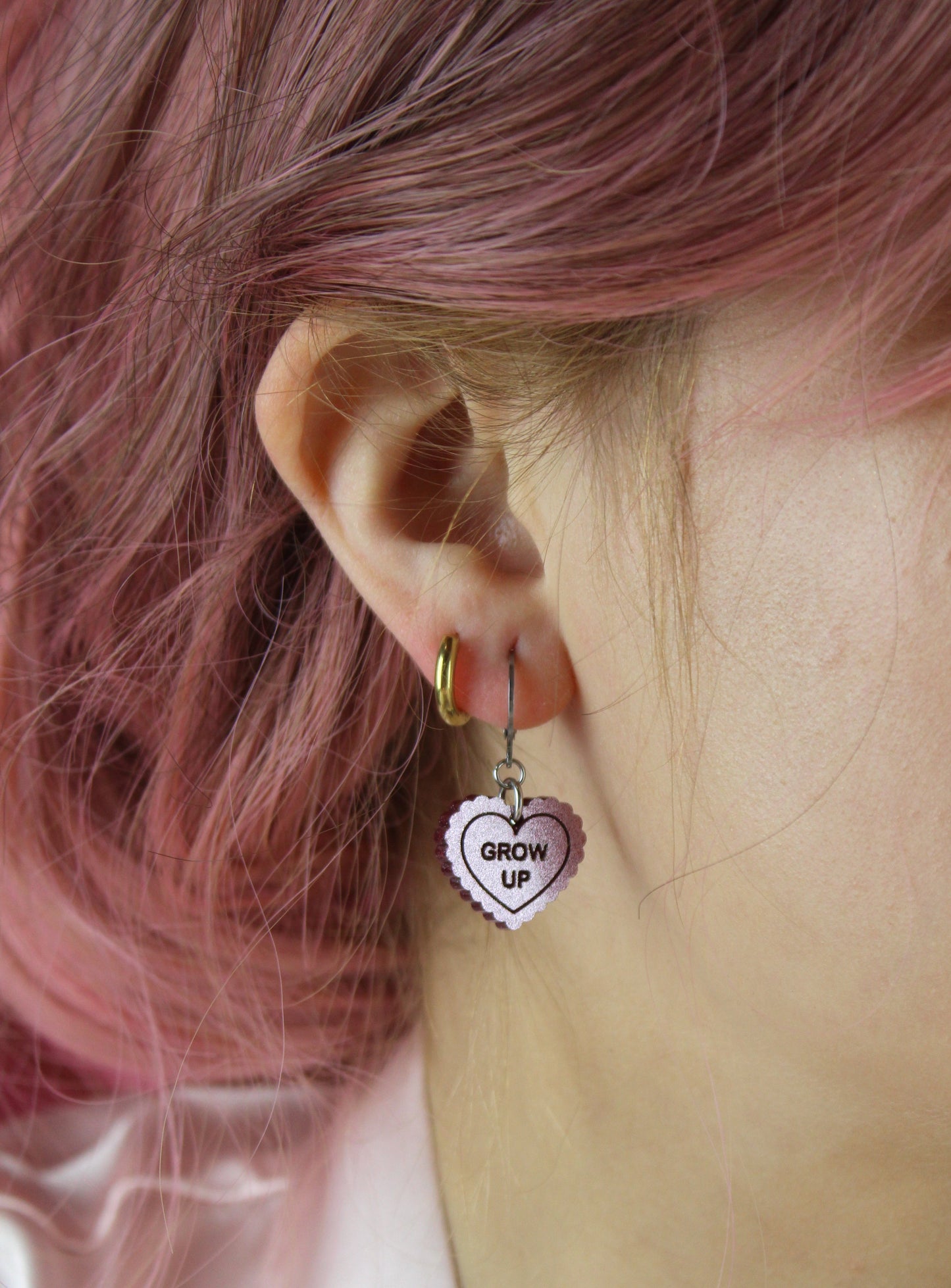 "Grow Up" Loveheart Huggie Hoop Earrings - Pink