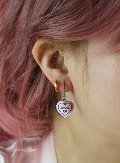 "Grow Up" Loveheart Huggie Hoop Earrings - Pink