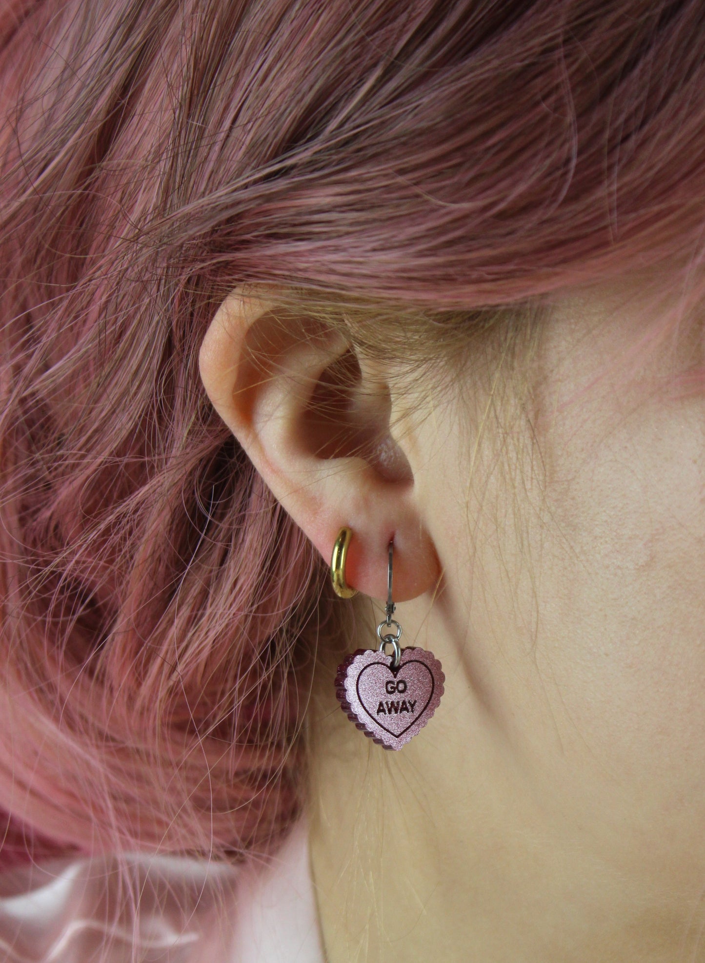 "Go Away" Loveheart Huggie Hoop Earrings - Pink
