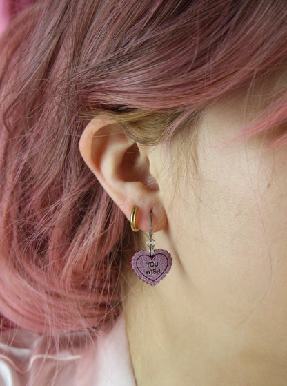 "You Wish" Loveheart Huggie Hoop Earrings - Pink